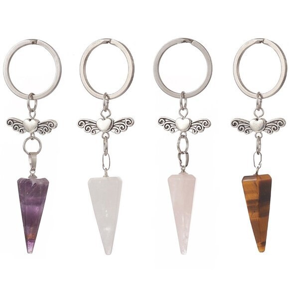 NWOT -  Natural Gemstone Cone point with Angel Wings protective key Chain 2/$20 - Picture 1 of 4